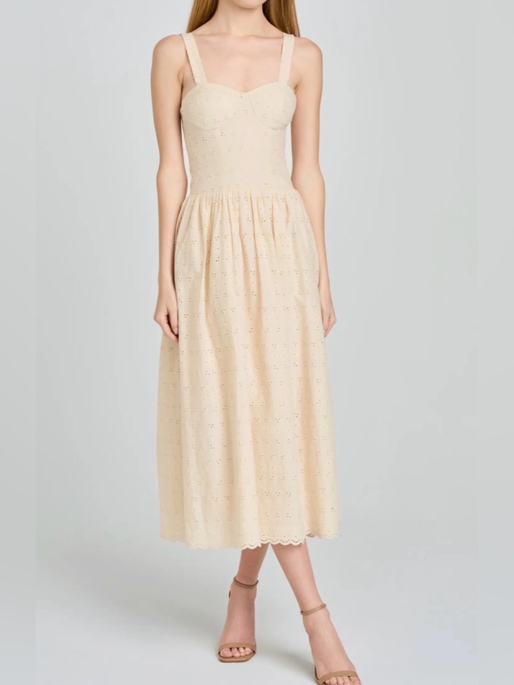 Wayf Cream Cotton Eyelet Midi Dress with Sweetheart Bodice XL *Flaw
